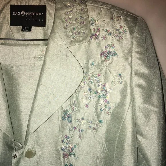 Sag Harbor Suit Petite Size 8P Seafoam Silvery Green Long Sleeve- Skirt Set - Picture 5 of 16